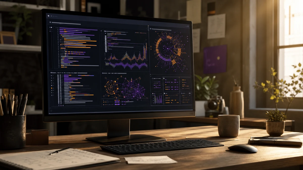 Monitor mit umfangreichen Datenvisualisierungen und Code-Editor — Symbolbild für die Arbeit mit Big Data in der Doktorarbeit