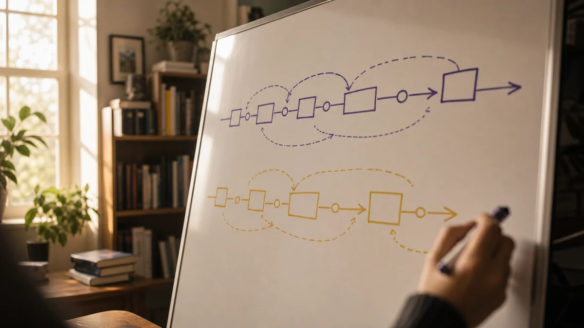 Schematische Zeitachsen einer Kohorten- und einer Fall-Kontroll-Studie auf einem Whiteboard — Symbolbild für den Vergleich beider Studiendesigns
