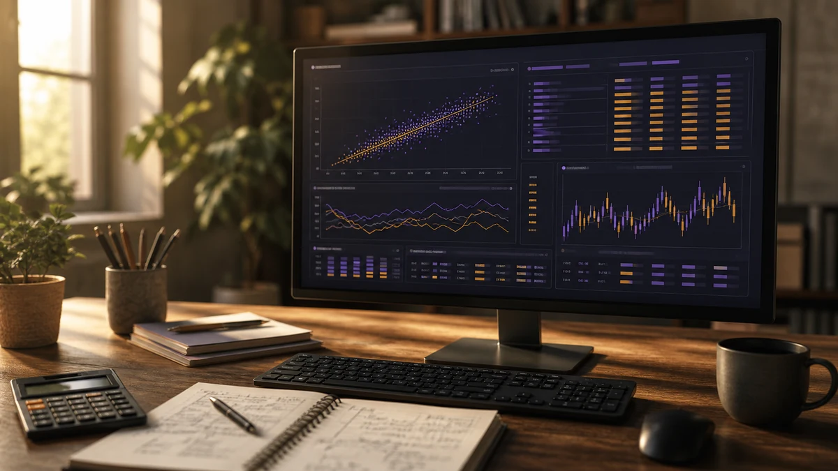Bildschirm mit Finanzkennzahlen, Regressionsoutput und Notizen — Symbolbild für die Datenanalyse in betriebswirtschaftlichen Dissertationen