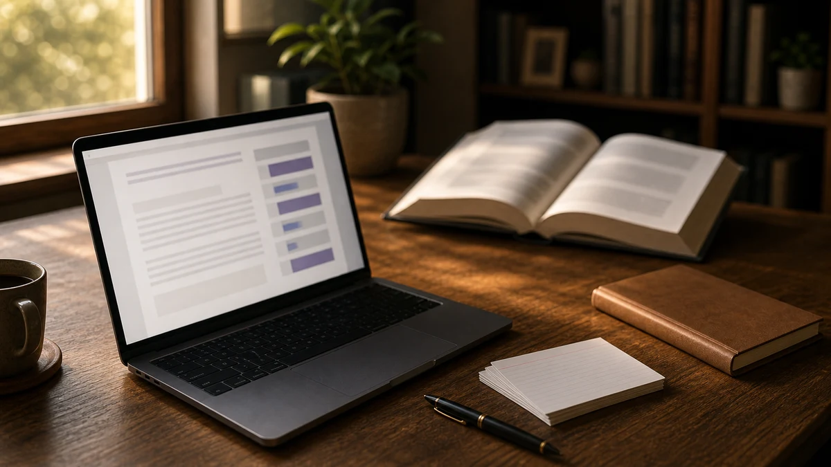 Aufgeschlagene Dissertation mit Methodenkapitel neben Laptop und Notizen — Symbolbild für das Schreiben des Methoden-Kapitels