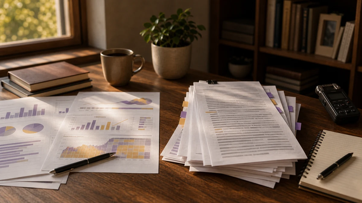 Schreibtisch mit Statistik-Diagrammen auf der einen und Interviewtranskripten auf der anderen Seite — Symbolbild für quantitative und qualitative Forschung
