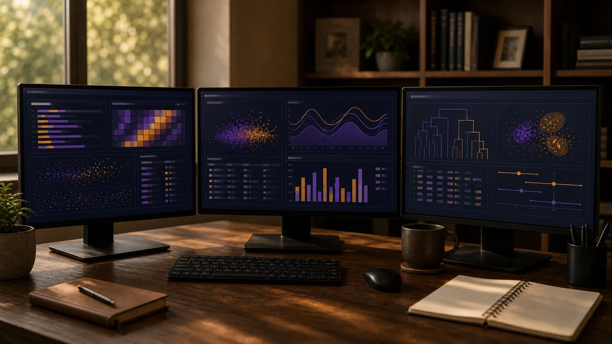 Mehrere Bildschirme mit verschiedenen Statistikprogrammen nebeneinander — Symbolbild für den Vergleich von Statistik-Software