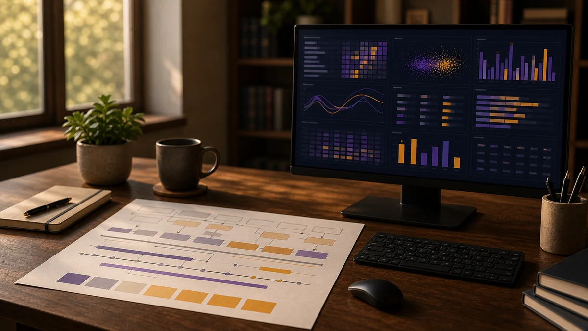 Schreibtisch mit Analyseplan, Statistik-Software und Notizen — Symbolbild für die statistische Auswertung der Dissertation